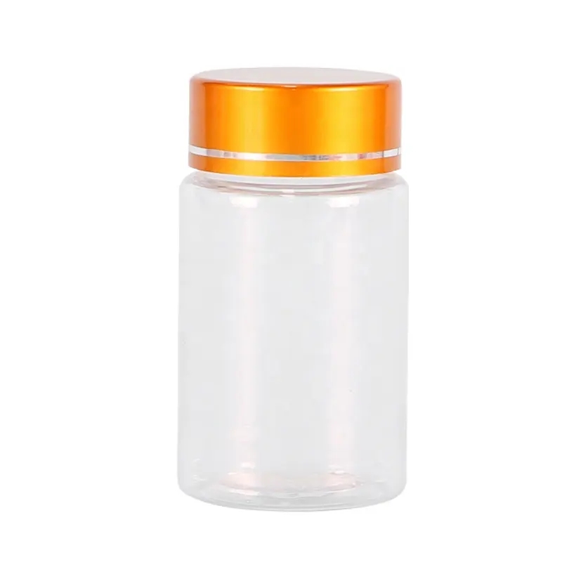 industry reasonable price 60ml clear custom packaging PET plastic bottle empty pill bottle with golden cover
