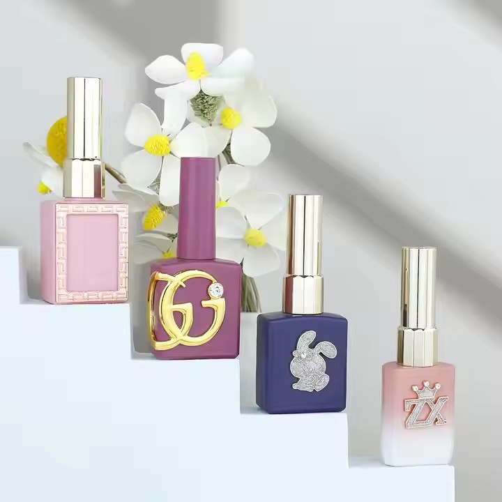 Pink White Gradient square 12 ml Empty Nail Polish Glass Bottle with Metal Accessories