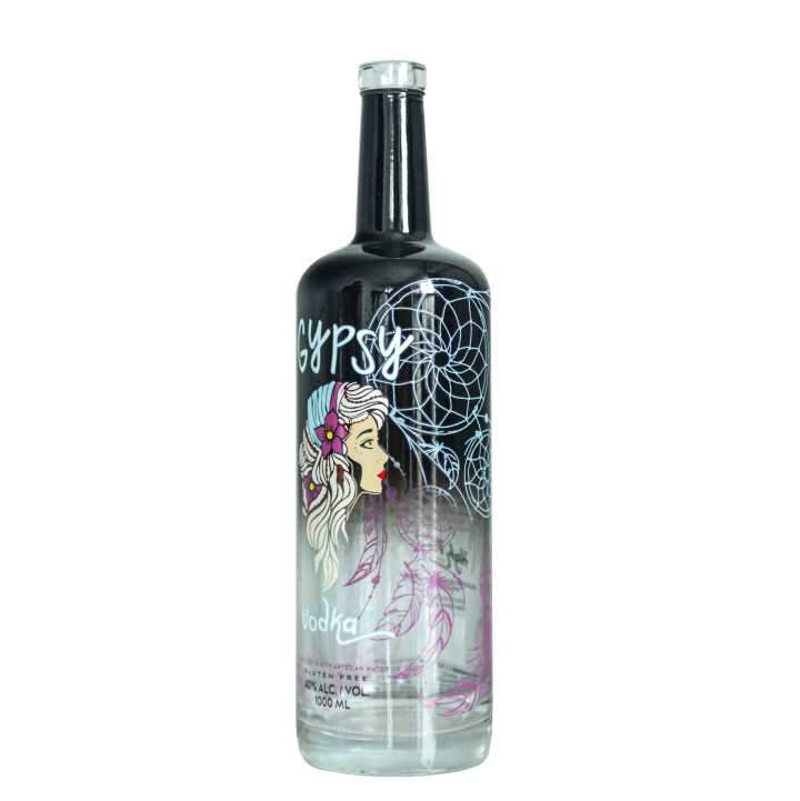 Customized Printing & Spray Color Design 700ml 750ml Glass Liquor Bottle for Rum Vodka Spirits with Stopper Cap