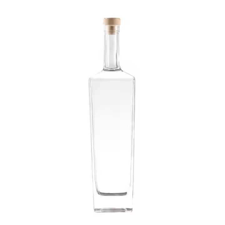 Custom Premium 700ml/750ml Glass Whiskey & Vodka Bottle Square Shape with Cork Top for Tequila & Brandy