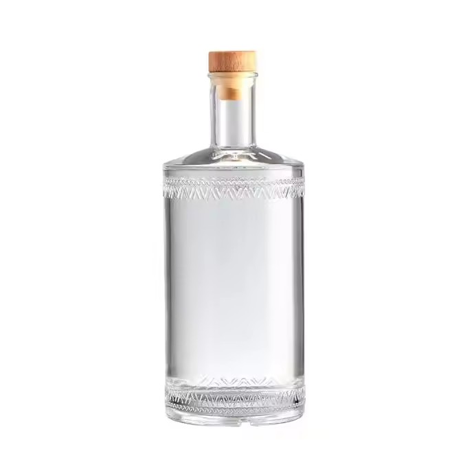 Good Quality Clear Glass Rum Vodka Bottle Clear Round Glass Wine/Spirits Glass Bottle with Wood Cap