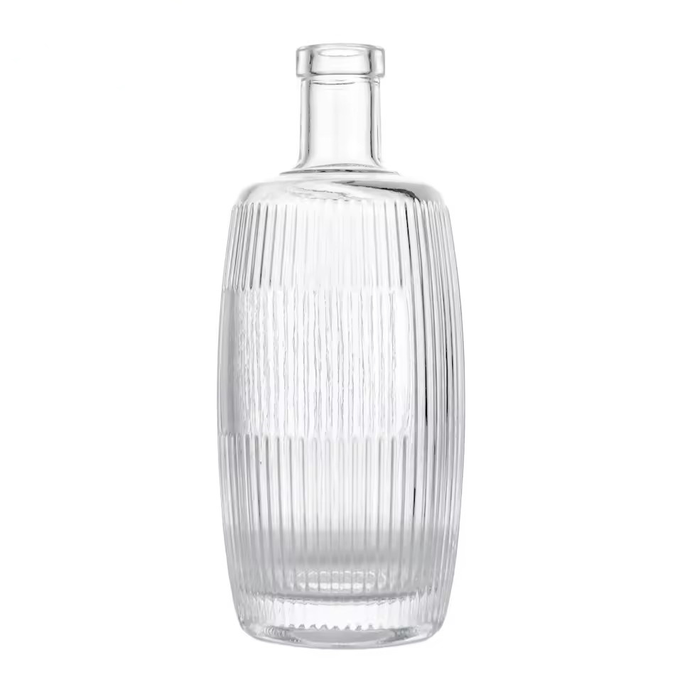 Wholesale 500ml Barrel Shape Ribbed Glass Bottle for Fruit Wine Juice Beverage and Spirits with a Custom Cork Stopper