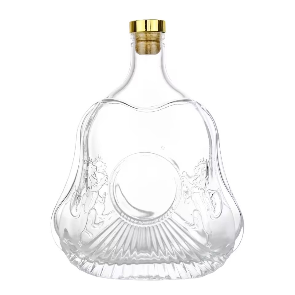 Factory 1 Liter Flat Gourd Shape Glass Bottle for Premium Brandy XO with Engraved Pattern and Golden Cap Stopper