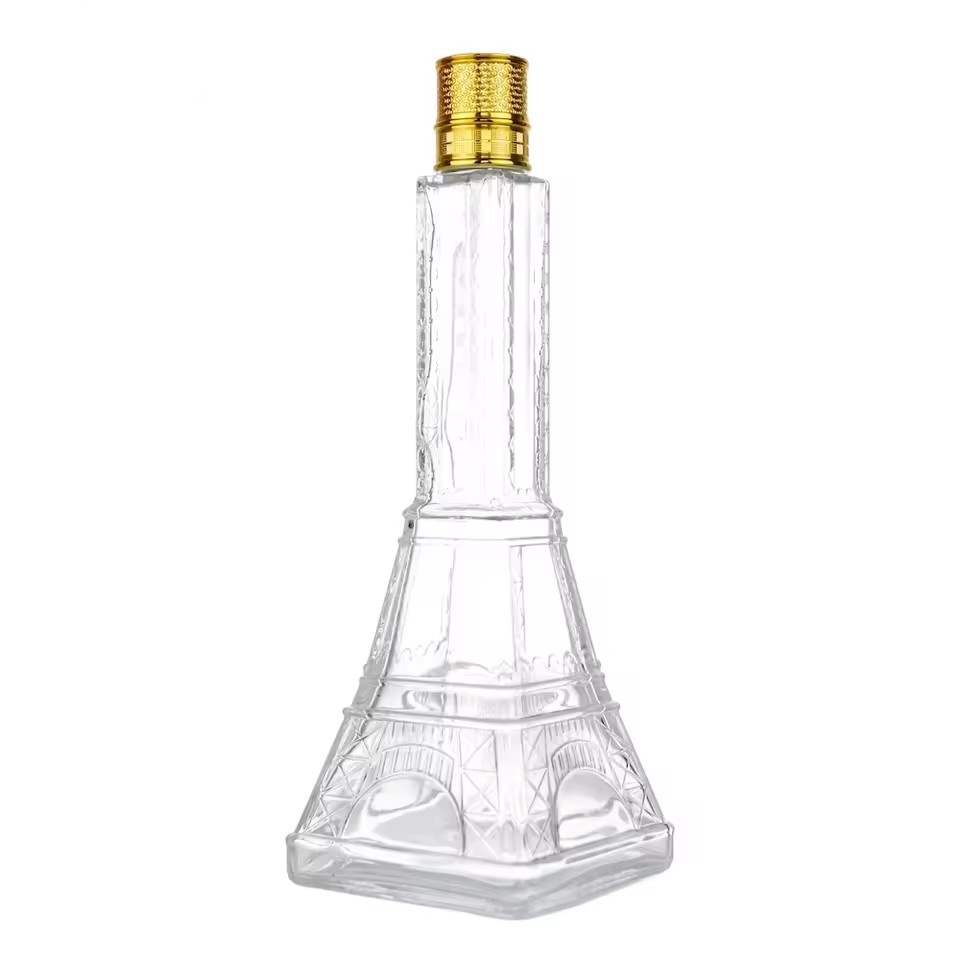 Wholesale Custom Logo 500ml Fancy Paris Tower Bottle for Spirit Vodka Wine Beverage with Golden Aluminium Screw Cap