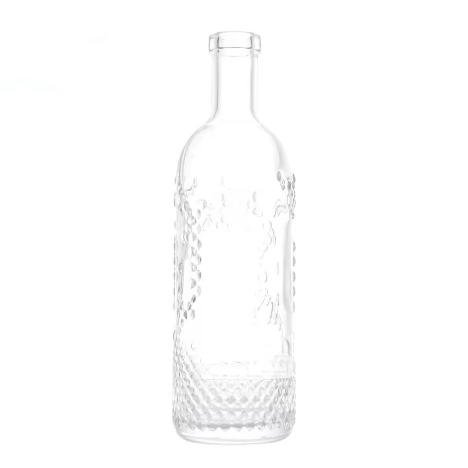 Custom 750ml Clear Glass Spirit and Wine Bottle with an Embossed Texture for Gin Vodka Rum with a Natural T-Cork