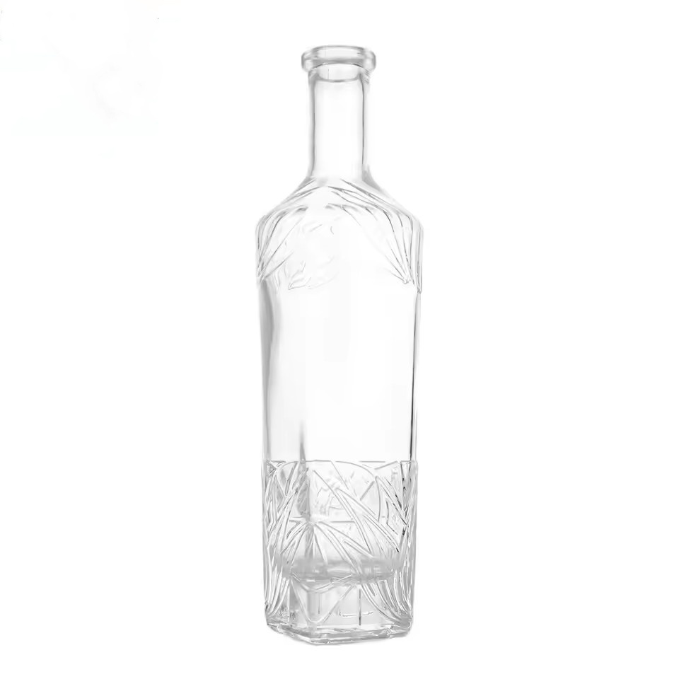 Wholesale 750ml Custom Flint Glass Bottle with Square Base and Leaf Pattern for Liquor Gin Vodka Empty High-end Spirit Bottle