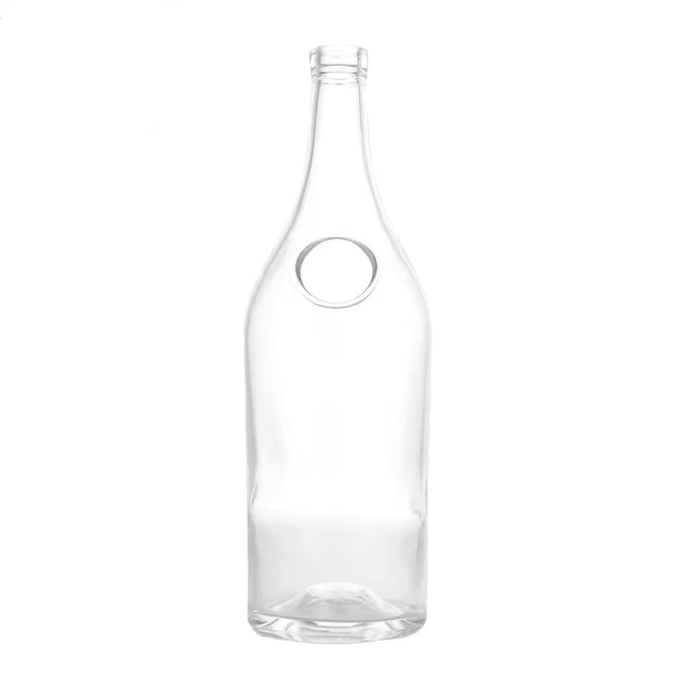 Wholesale 1L Long Neck Glass Bottle with Center Hole for Liquor Gin Vodka Tequila Empty 1000ml High-end Spirit Bottle With Cork