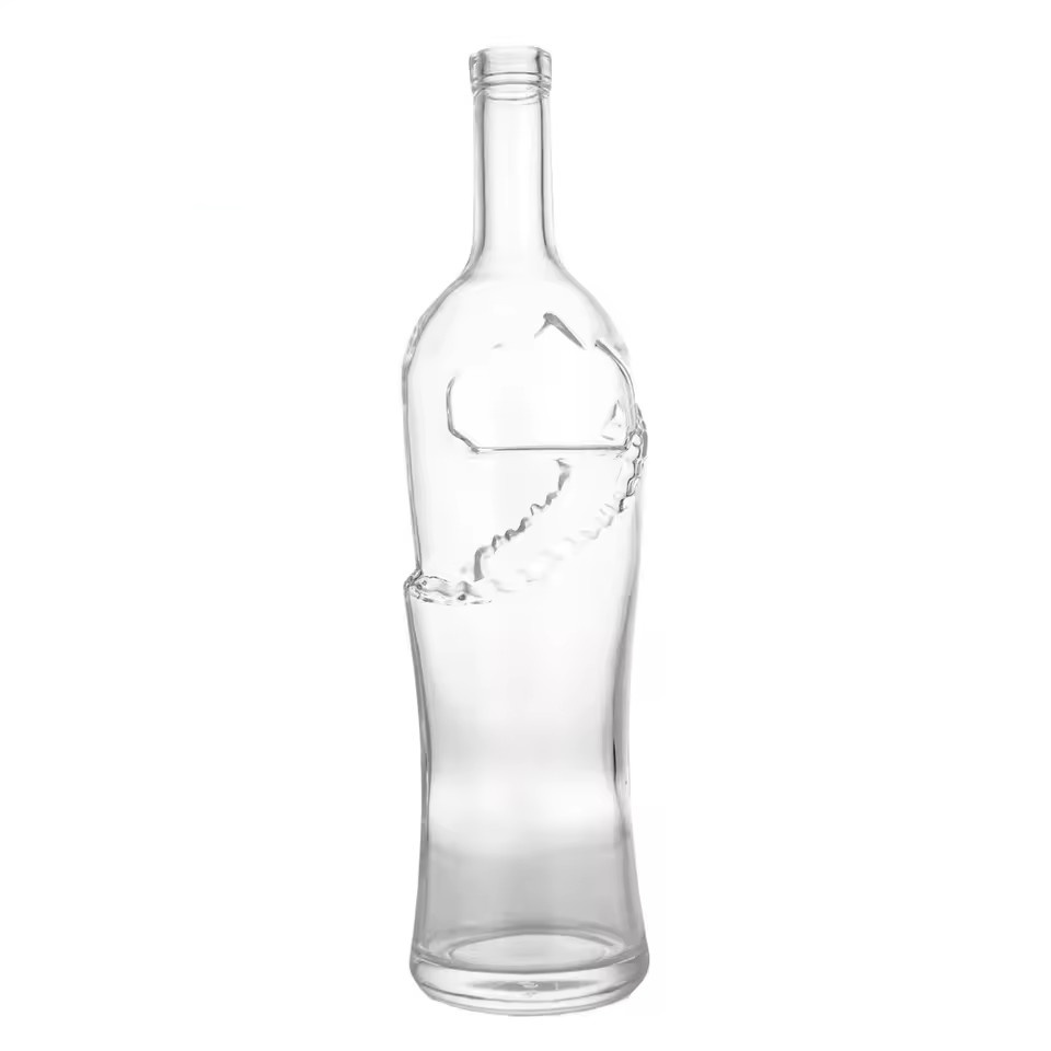 1 Liter Wide Mouth Ribbed Tapered Bottle with Custom Logo Panel for Water Juice Spirit Empty Beverage Glass Bottle