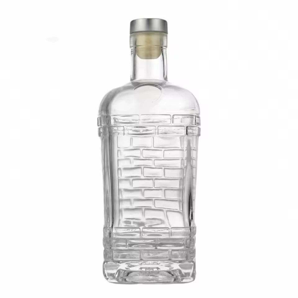 Wholesale Unique Shape Agave Carving Glass Bottle Glass Spirit Bottle 750ml Slip Shoulder Square Bottom Glass Bottle With Cork