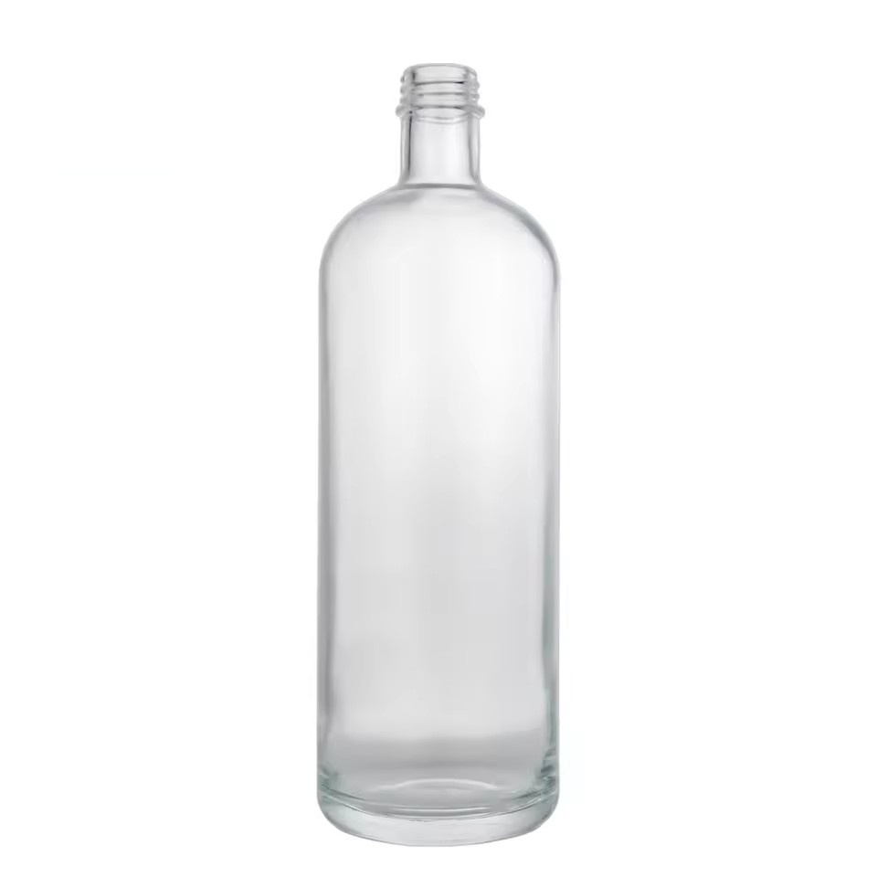 Factory Wholesale Custom Threaded Cap Long Neck Thick Bottom Round Suitable for Gin Vodka 1000ml Liquor Glass Bottle