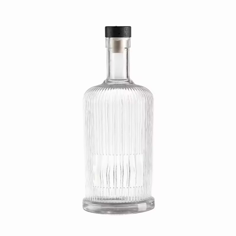 Custom Labels Printing 700ml Striped Glass Vodka Whiskey Brandy Bottle 500ml Tequila Rubber Stopper for Juice Beverages Coffee
