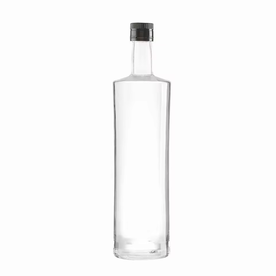 Customizable 500ml 750ml Clear Glass Wine Bottle Flat Shape Rubber Stopper Screen Printing for Tequila Brandy Energy Drinks