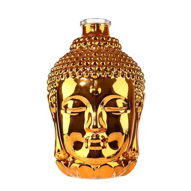 Luxury Customized 750ml Empty Bottle with Buddha Head Design Buddha Head clear Liquor Spirit Glass Bottle