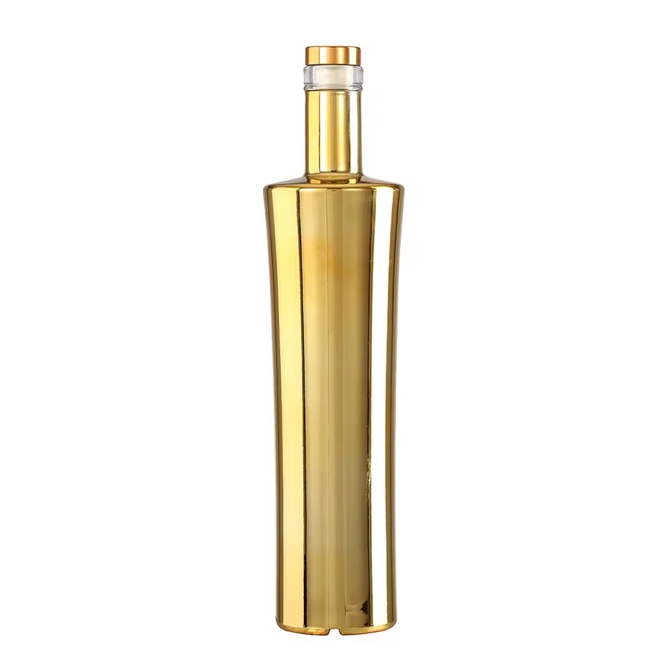 Wholesale 500ml/750ml Electroplate Gold Glass Spirits Bottles Reusable Round Bottle for Vodka Whiskey Gin Tequila Free Sample