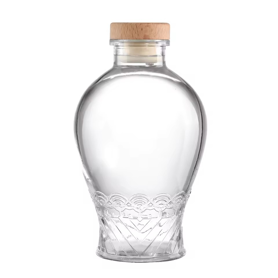 Customized Premium Cylinder 500ml 750ml Wide Mouth Jar Clear Tequila Whiskey Gin Rum Glass Bottle With Wood Cork