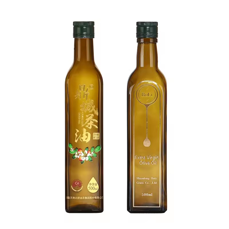 Matte Amber Square Sharp Custom Translucent 500ml Volume Super Crystal White Food Grade Luxury Packing Olive Oil Glass Bottles