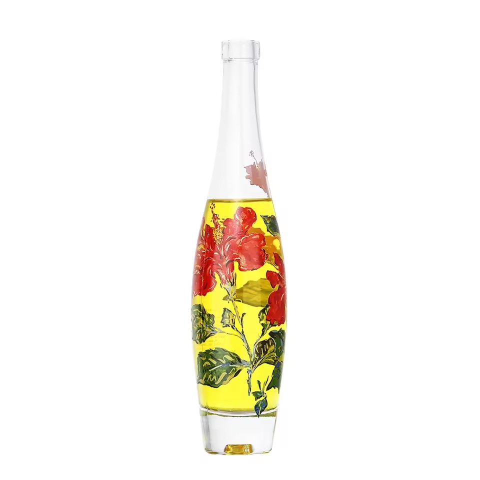 Customized Artistic Flower Pattern Luxury Elegant Still Water Bottles 330ml 500ml 750ml Transparent Glass Water Bottle