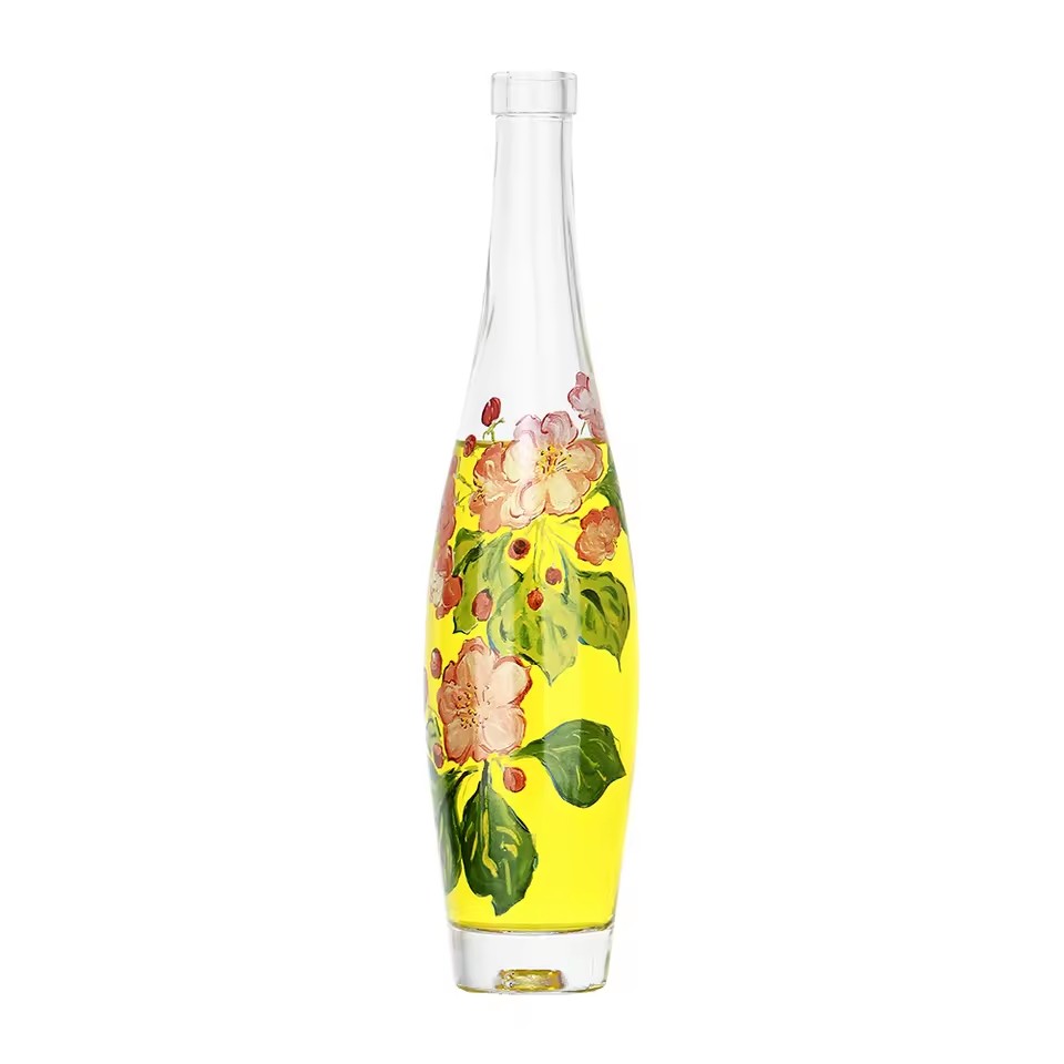 Artistic Design French Pink Flower Printing Hot Sale 330ml 500ml 750ml Sparkling Soda Mineral Glass Water Bottle