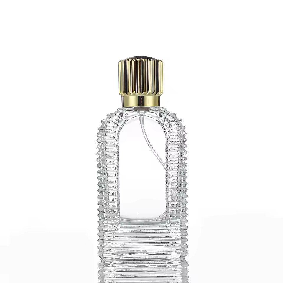 High-end Customizable Clear Round Engraving Think Bottom 60ml Unique Luxury Glass Perfume Bottle with Golden Cap