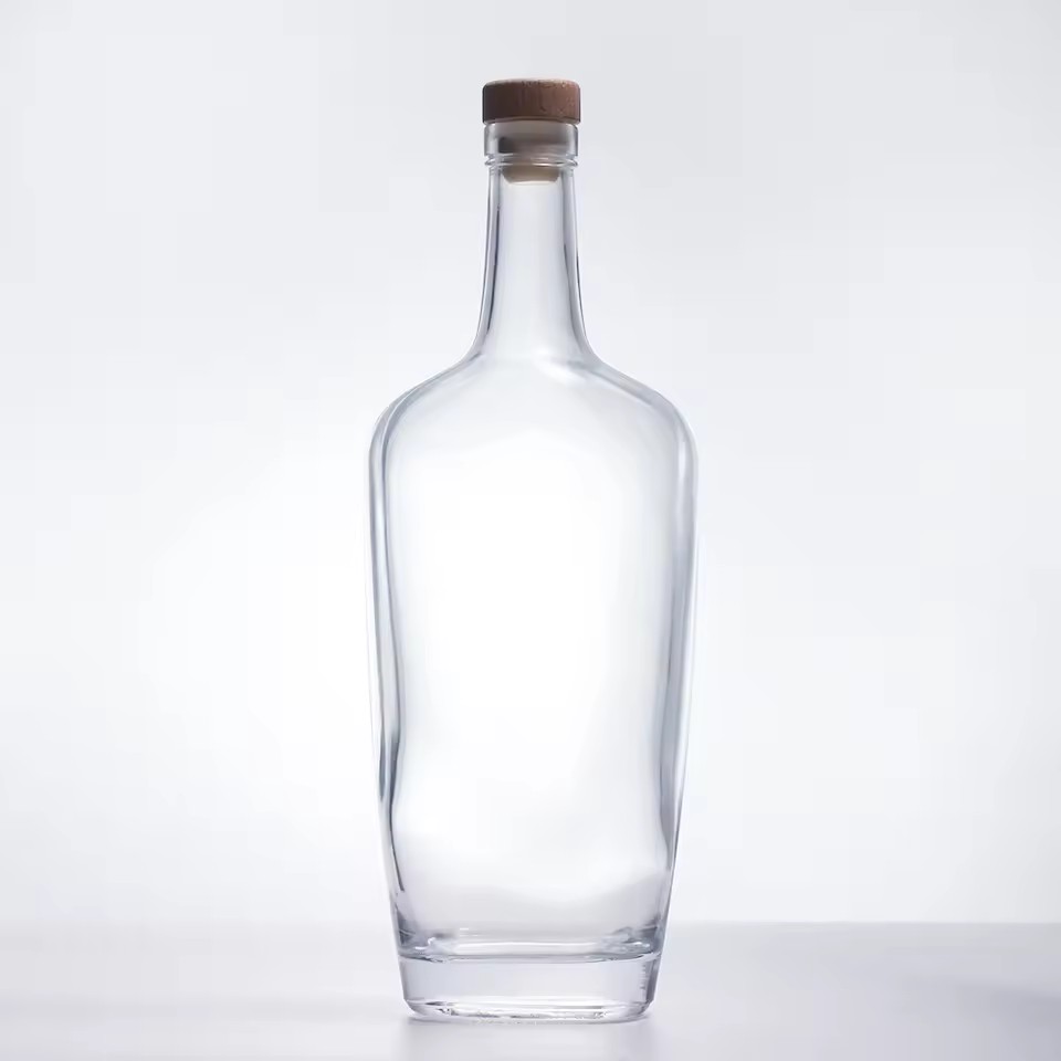 Manufacturing 500ml 750ml 1L Glass Whiskey Bottles for Vodka Tequila Rum Spirits Flat Shape Rubber Stopper Seal Hot Stamping