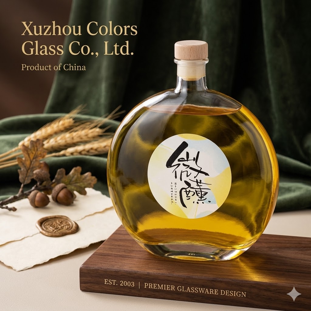 Oval Flat Glass Liquor Bottle with Cork