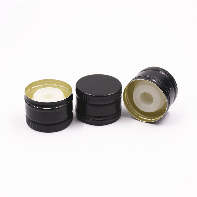 In-Stock 31.5x24mm Black Gold Aluminium Olive Oil Bottle Cap with Plastic Pourer Insert