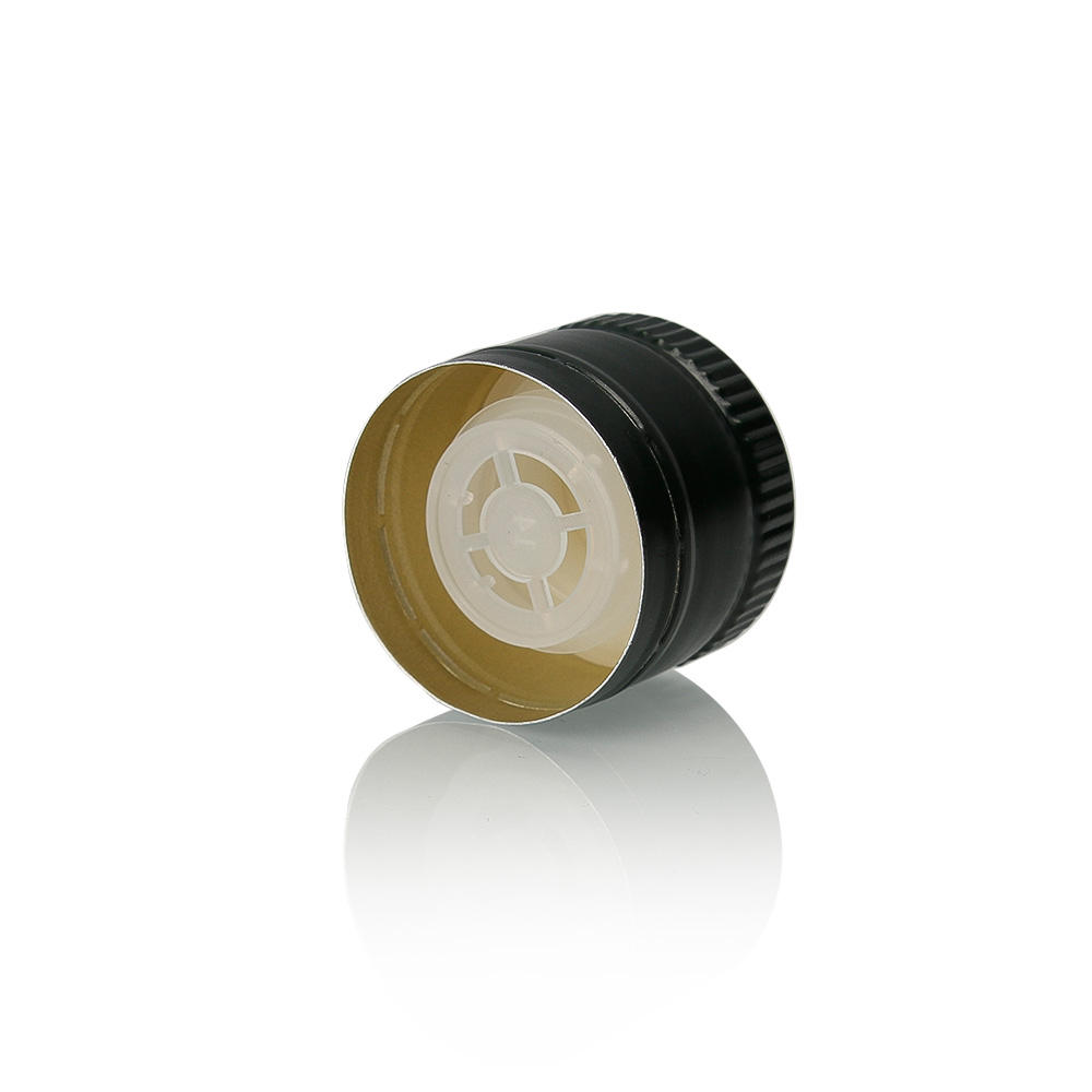 Factory ROPP 31.5x24mm Black Logo Printing Olive Oil Aluminum Cap with Plastic Pourer Insert