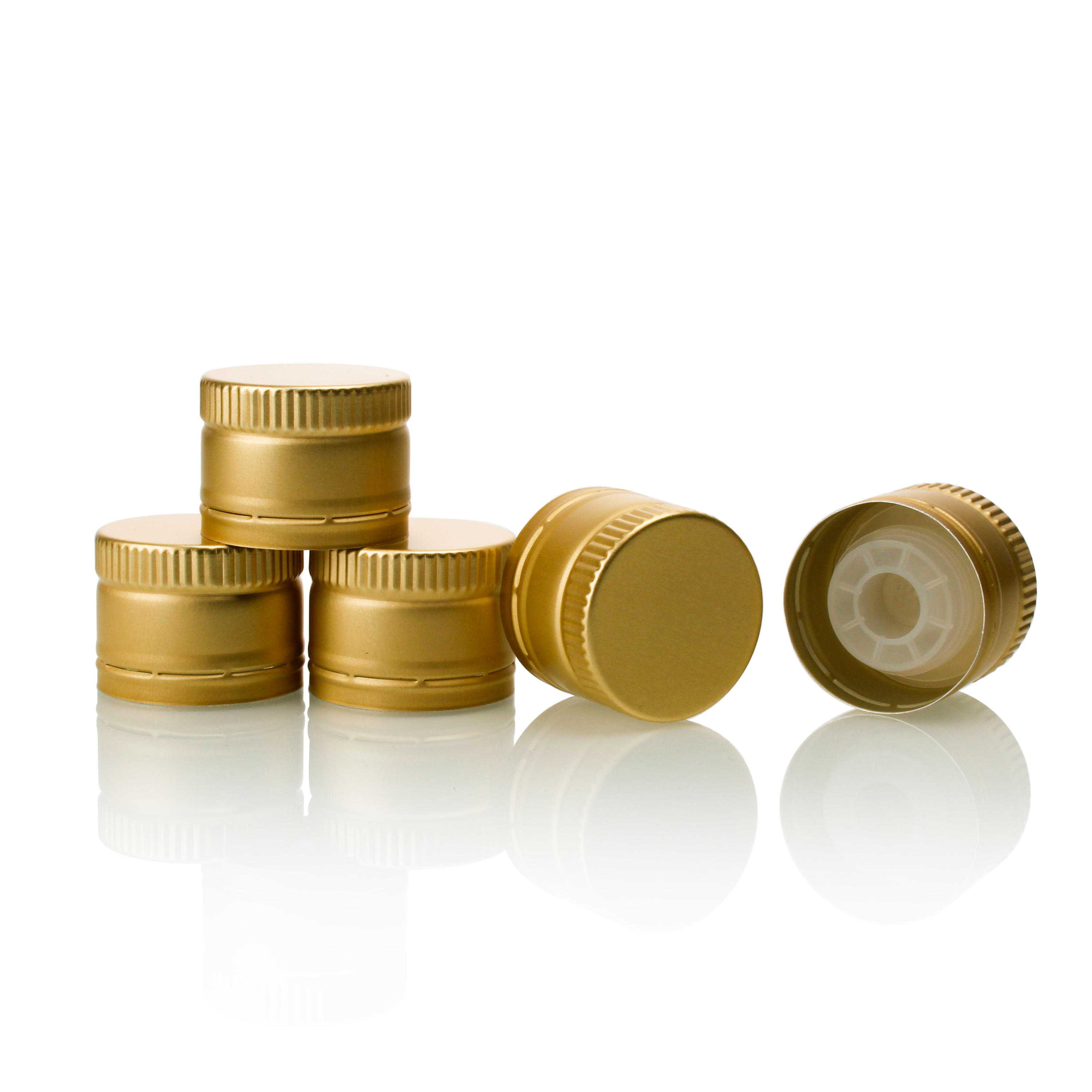 In-Stock 31.5x24mm Short Leadtime Gold Metal ROPP Aluminum Olive Oil Bottle Cap with Plastic Pourer Insert
