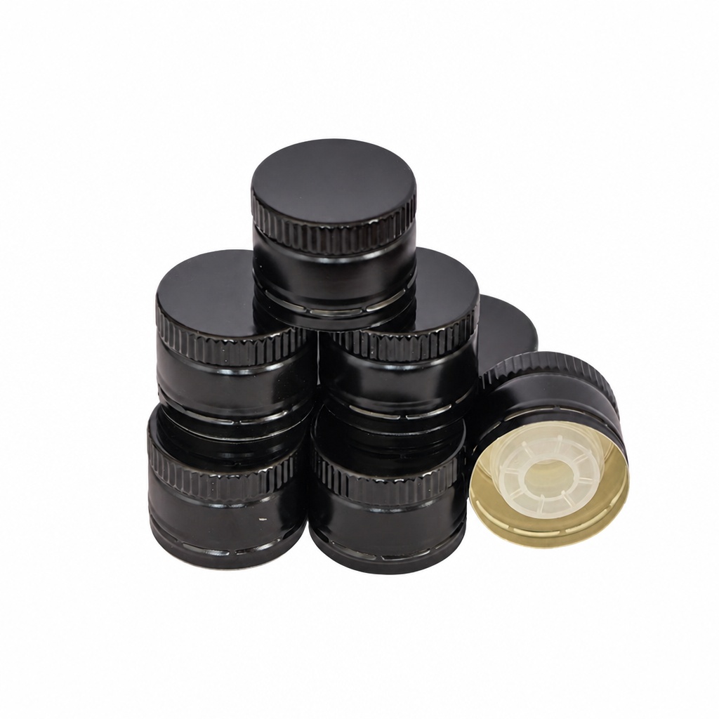 Black Aluminum ROPP Cap with Integrated Plastic Pourer Insert for Olive Oil Bottle