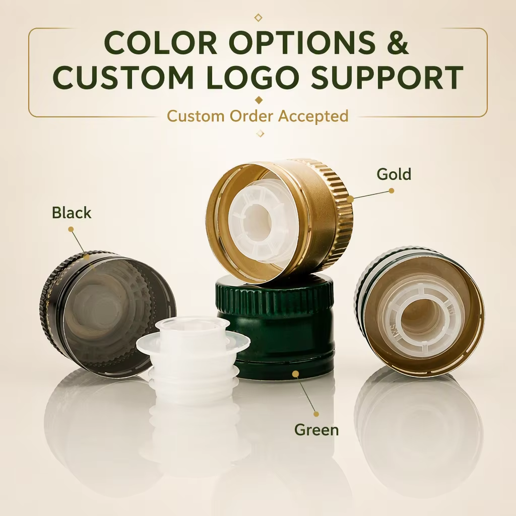 Custom Pantone Color Aluminum Olive Oil Bottle Cap with Plastic Pourer Insert & Airtight Liner