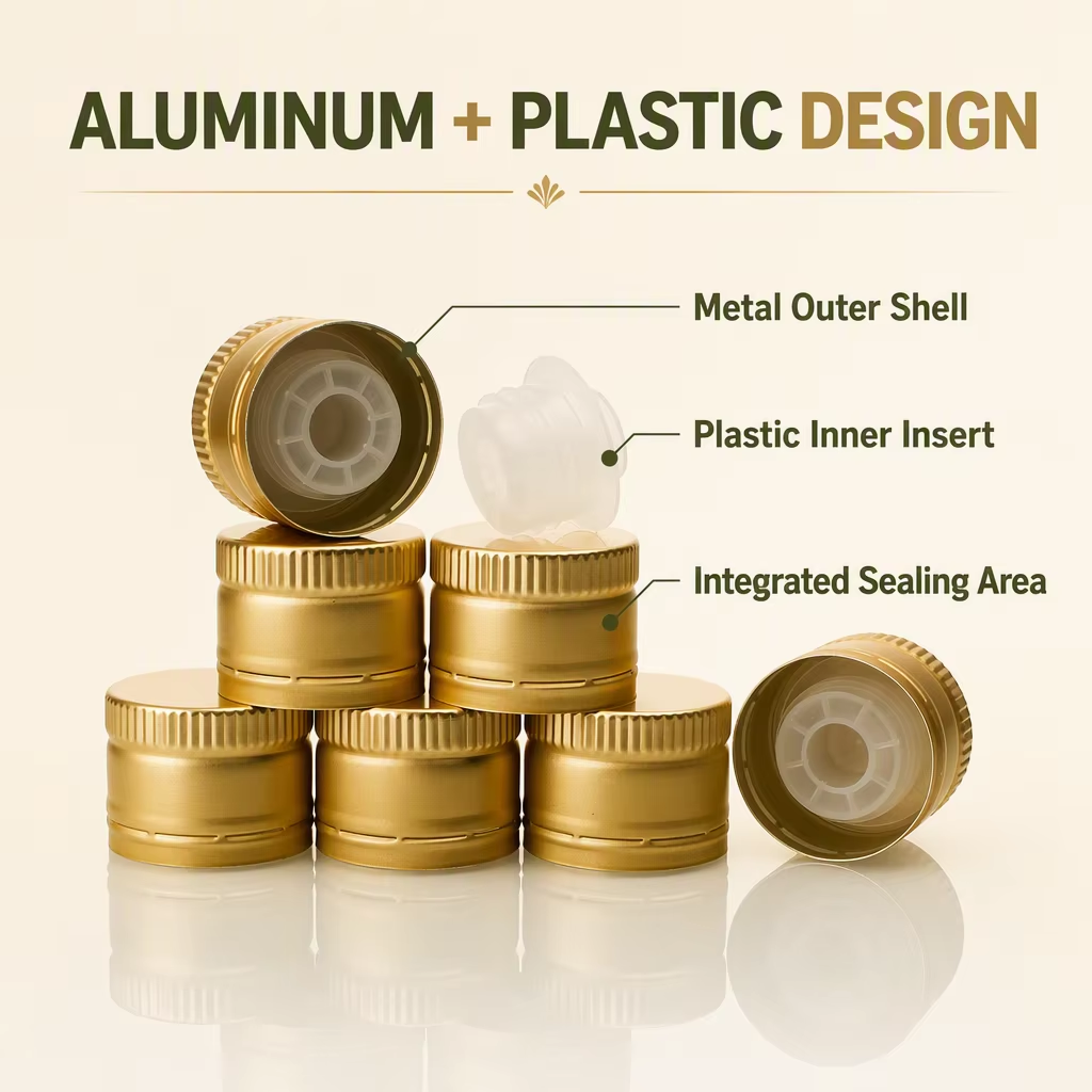 Combined Olive Oil Cap with Integrated Pourer Insert for Glass Bottles