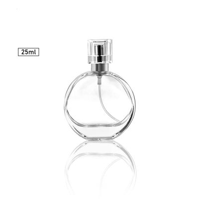 Flat round 25ml small perfume glass bottle with spray lid 