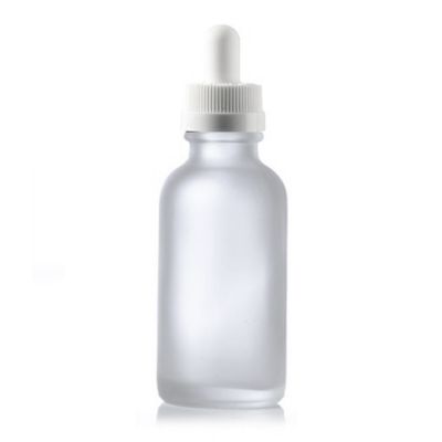 1 oz Clear FROSTED Boston Round Glass Bottle w/ Black Regular Dropper 