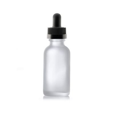 1 oz Clear FROSTED 30 ml Boston Round Glass Bottle w/ Black Child Resistant Dropper 