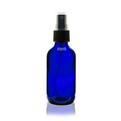 2 oz Cobalt BLUE Boston Round Glass Bottle With Black Fine Mist Sprayer 