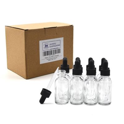 30ml (1oz) Clear Boston Round Bottle w/Glass Eye Dropper, Pack of 12 