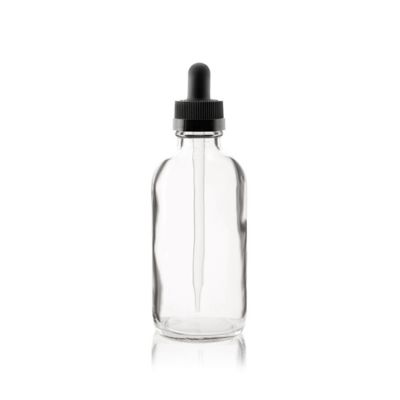 4 oz CLEAR Boston Round Glass Bottle - w/ Black Child Proof Dropper 