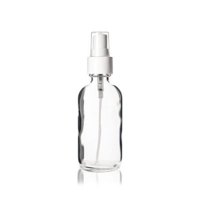 4 oz CLEAR Boston Round Glass Bottle - w/White Fine Mist Sprayer 