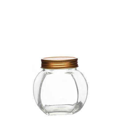 500g 380ml Hermetic oval hexagonal glass honey jar with metal lip 