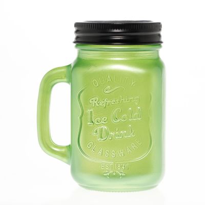 Fancy Christmas Holiday Shiny Green Ice Cold Glassware 480 ml 16oz Glass Mason Jar with Handle 