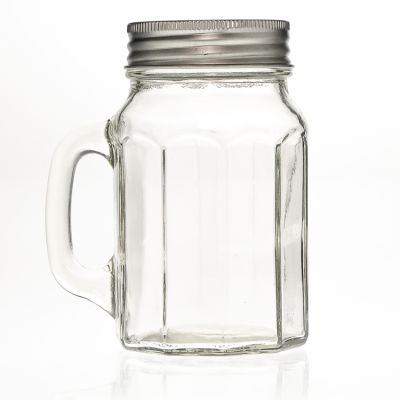 Embossed Logo Printed 530ml Hexagonal Beverage Salad Glass Mason jar with Handle and Straw 