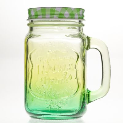 Gradient Coloured Square Letter Printed Beverage Bottles 480 ml 16oz Glass Mason Jar with Handle 