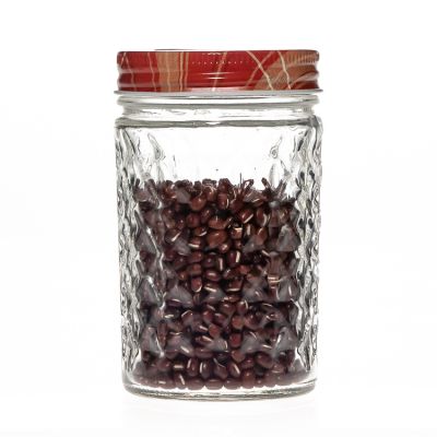 Kitchen Storage Containers 250ml 8.6oz Round Embossed Juice Drinking Glass Mason Jar with Screw lid / Straw 