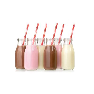 Milk Glass Bottles 11 Ounce Glass Milk Bottle with Straws and Metal Twist Lids