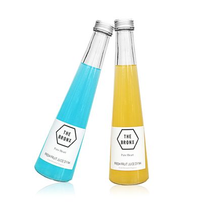 12oz cone shape drinks bottle cold press drink juice bottle with aluminum lids 350ml glass bottle