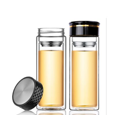 Best selling double wall high borosilicate glass water bottle drinking tea bottle with stainless steel filter and lid