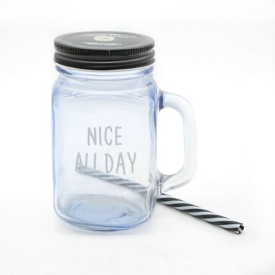 Beverage Mason Jar with Black Tin Lid with Hole