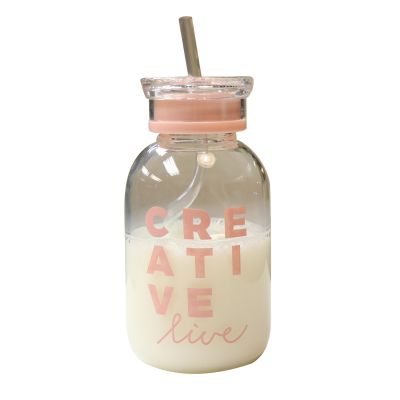 Custom logo glass water bottle 300 ml glass bottle milk with straw 