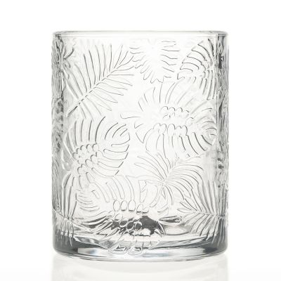 Large Capacity Engraving Plants Leaf Printed 700ml Big Glass Candle Jar / Candle Holder