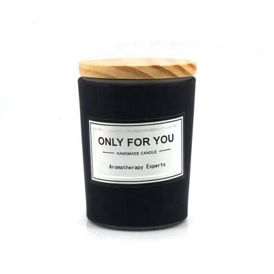 Customized frosted glass holder matte black candle jar with wood lid